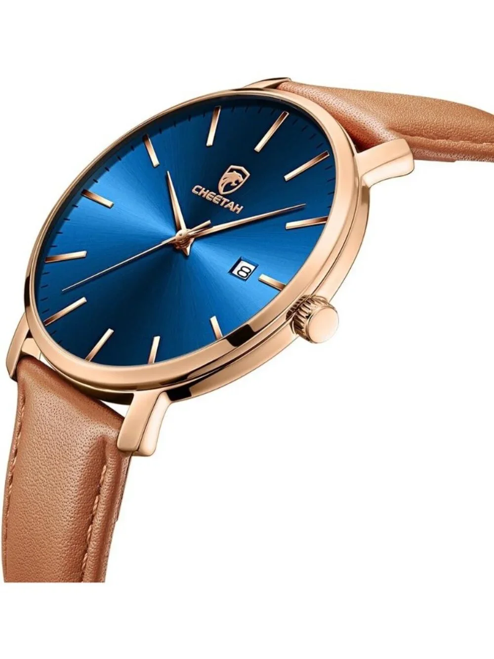Men's Brown/Rose Gold/Blue Leather Strap Minimalist Waterproof Quartz Wristwatch
